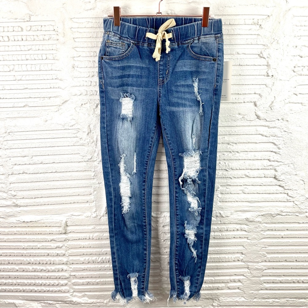 American Bazi NWT Tie Waist Distressed Raw Hem Pull On Denim Jogger Size Small